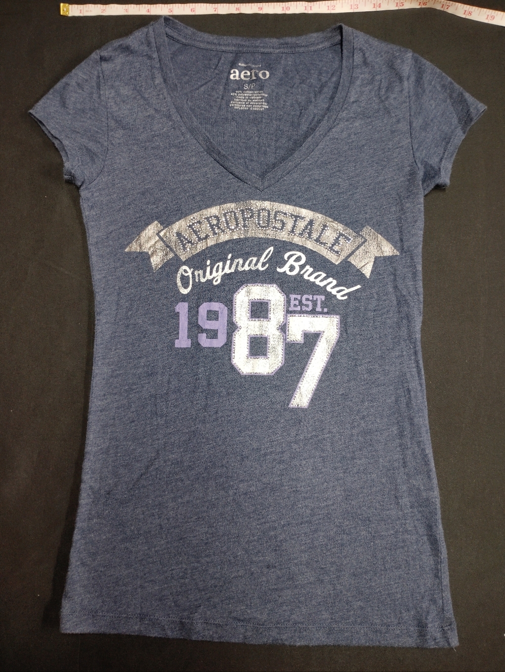 Aeropostale Navy Graphic V-Neck Tee with Lilac Accents